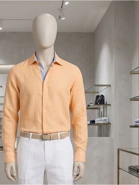 Men’s Peach Long-Sleeve Linen Shirt - Casual Tailored Style